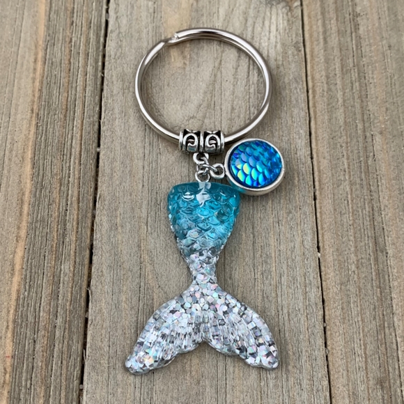 Blue Silver Mermaid Tail Keychain - Picture 1 of 3